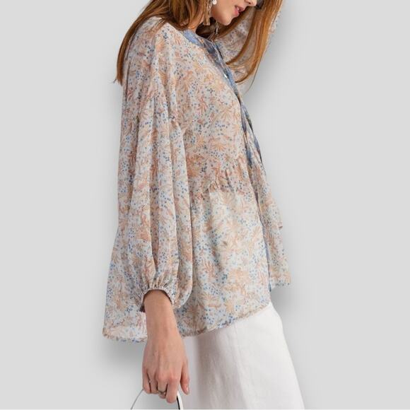 Easel Los Angeles Boho Babydoll Sheer Oversized Peasant Top Small - Picture 2 of 8